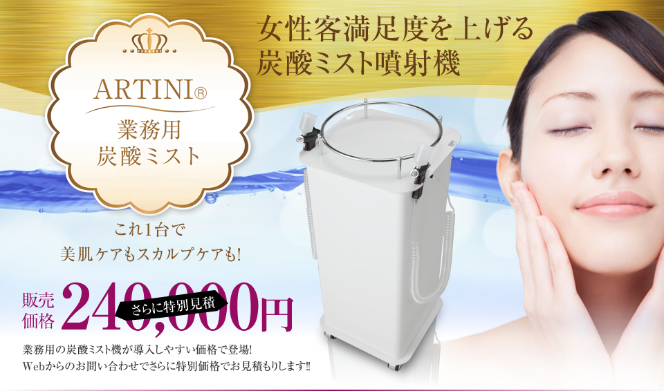 女性客満足度を上げる炭酸ミスト噴射機 ARTINI ®
業務用 炭酸ミスト これ1台で美肌ケアもスカルプケアも！販売 価格 240,000円 さらに特別見積 業務用の炭酸ミスト機が導入しやすい価格で登場! Webからのお問い合わせでさらに特別価格でお見積もりします!!